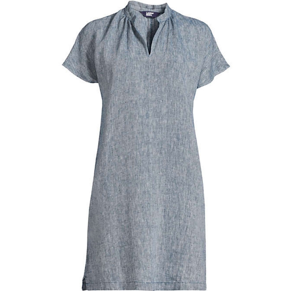 Lands End 100% Linen Midi Dress Chambray Blue Womens M